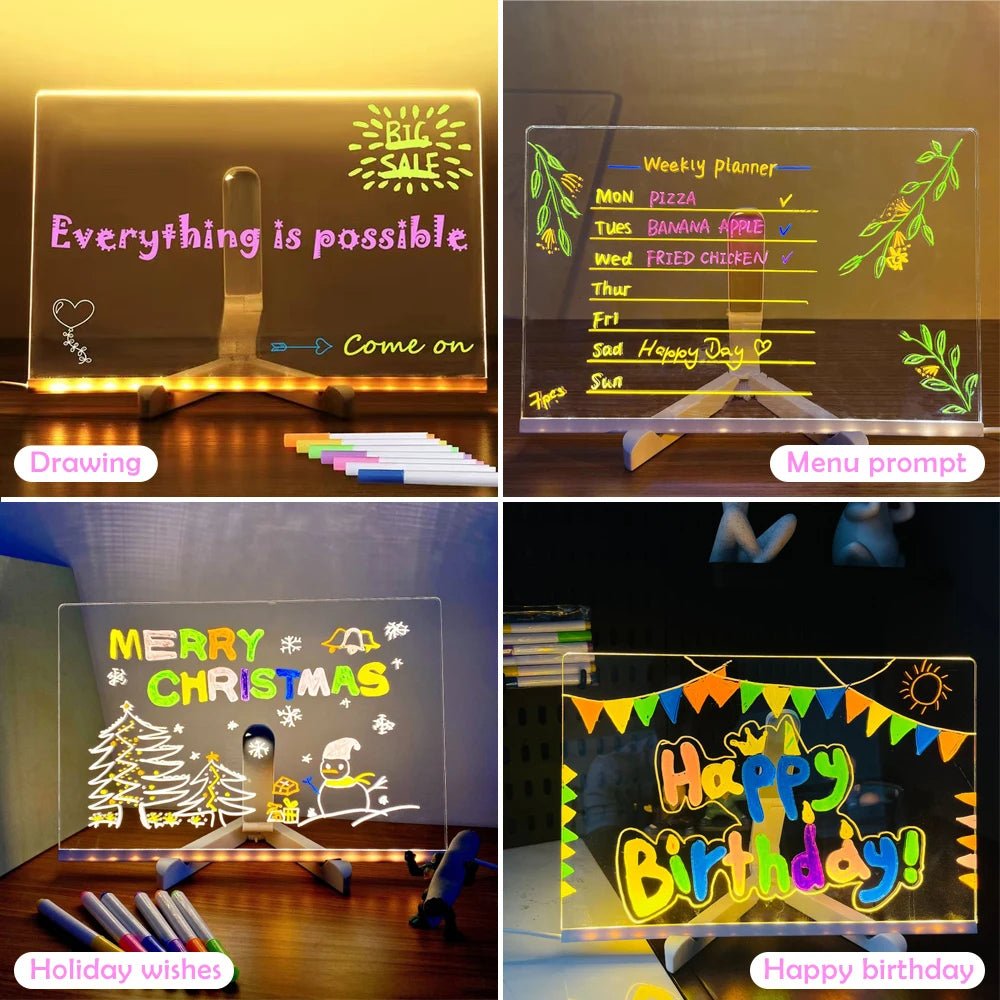 LED Acrylic Message Board with Night Light and 7 Colorful Pens - Ideal DIY Drawing Board for Children's Birthdays - TechTrendPro